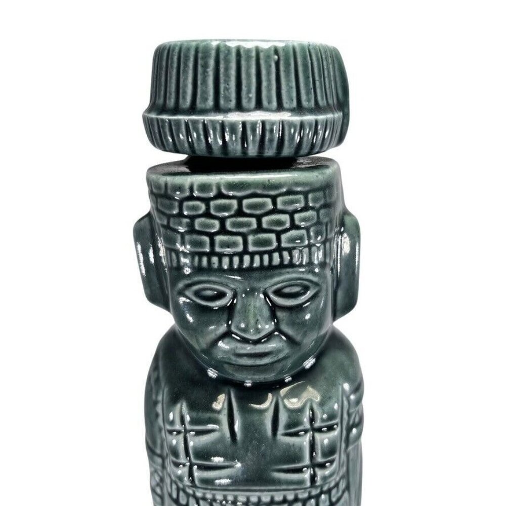 Vtg 1960 Ceramic Tiki Decanter Cork Shot Glasses Aztec Mayan Idol Green Set of 7 - Picture 2 of 16